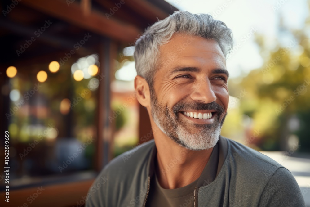 Portrait of handsome middle-aged man smiling and looking at camera in cafe Portrait of handsome middle-aged man smiling and looking at camera in cafe