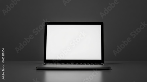 A laptop with a bright white screen on a dark background.