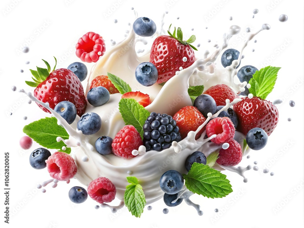 Creamy yogurt splashes, adorned with berries, stand out against a pure white backdrop. Creamy yogurt splashes, adorned with berries, stand out against a pure white backdrop.