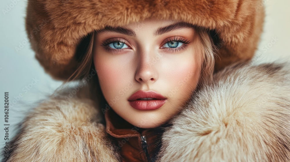A young woman with blue eyes wears a fur hat and jacket, looking directly at the camera. A young woman with blue eyes wears a fur hat and jacket, looking directly at the camera.
