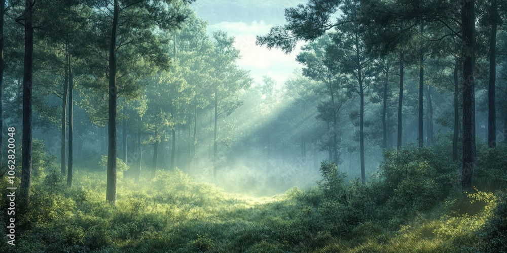 Obraz premium Sunbeams Illuminating a Misty Forest Path