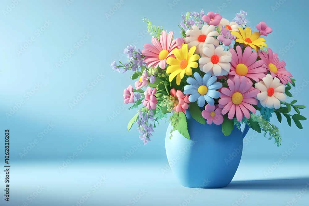 Beautiful bouquet of spring flowers in a vase on blue background Beautiful bouquet of spring flowers in a vase on blue background