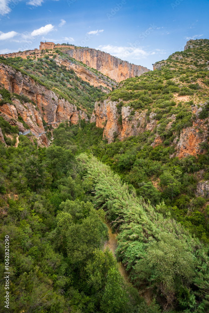 Fototapeta premium Pasarelas del Vero, walkways and footbridges along a scenic gorge with turquoise water in Alquézar, Huesca, Spain