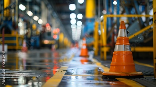 Wallpaper Mural Safety cones and warning signs indicating a restricted area in a manufacturing plant Torontodigital.ca