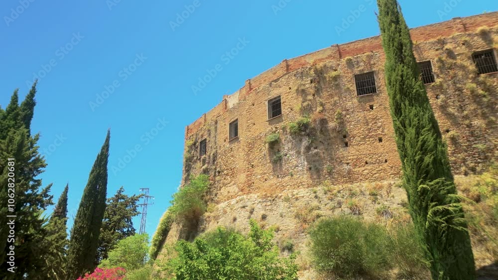 Ancient stone wall of a fortress in Ronda, Spain, surrounded by tall cypress trees under a vibrant blue sky. A testament to the town’s history