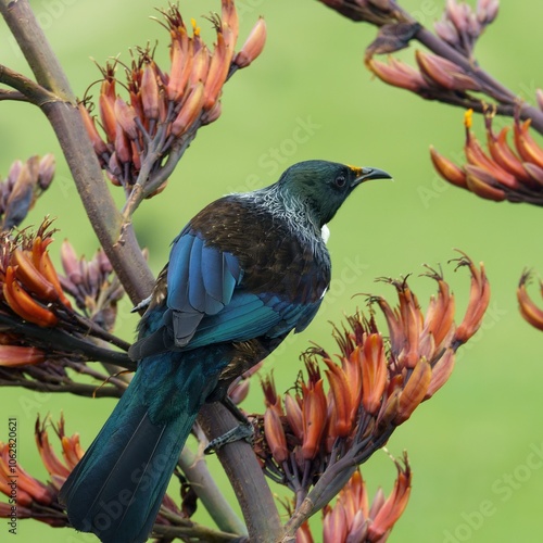 Colorful Tui sitting on Harakeke/Flax branch