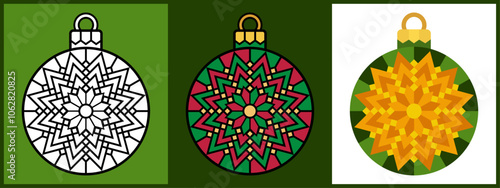 Christmas Ornament Balls with Geometric Flower Mandala, Outline Coloring Flat style. Vector illustration.