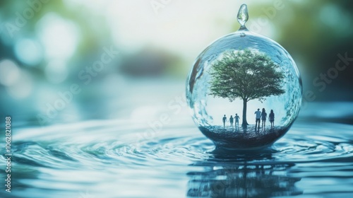 A water drop containing a tree and people, symbolizing the importance of preserving nature and protecting the environment.