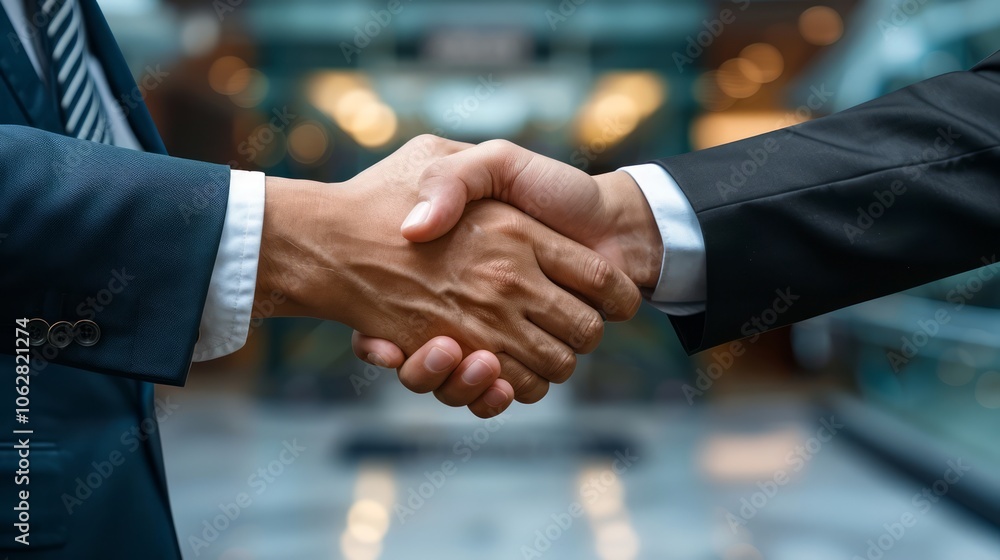 Business professionals shaking hands in the grand entrance of a corporate headquarters, with modern architecture and artistic elements creating a professional atmosphere Business professionals shaking hands in the grand entrance of a corporate headquarters, with modern architecture and artistic elements creating a professional atmosphere