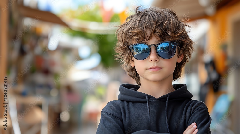Confident boy with sunglasses, standing in a vibrant outdoor market setting. Confident boy with sunglasses, standing in a vibrant outdoor market setting.