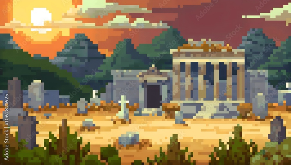 Obraz premium Ancient temple during daytime pixel art background. 8-bit game assets