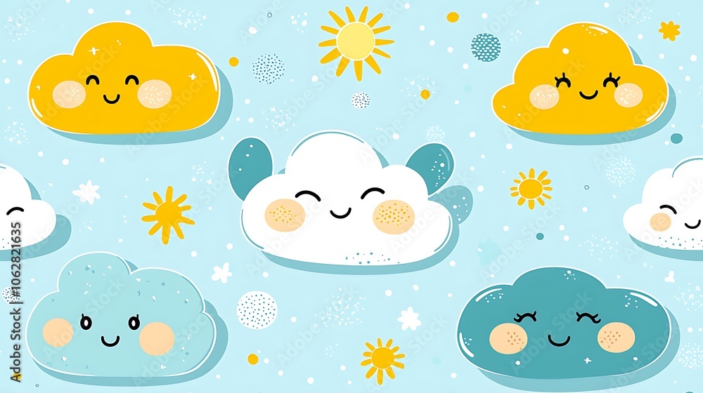 Seamless pattern with cute cartoon clouds, sun and stars on blue background. Seamless pattern with cute cartoon clouds, sun and stars on blue background.