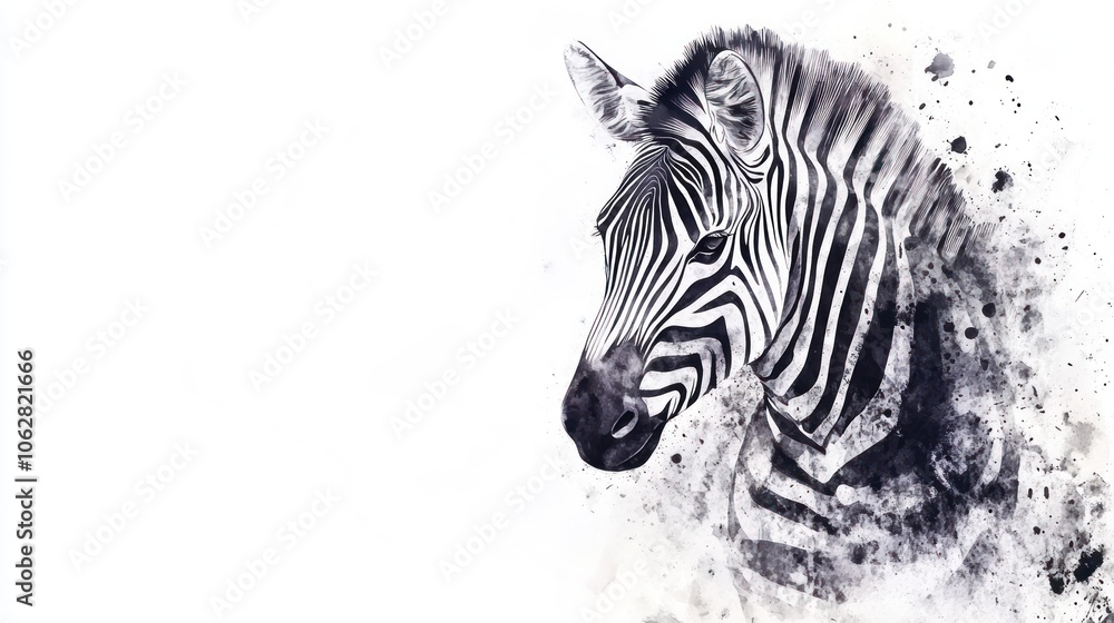 A black and white zebra portrait with an artistic watercolor effect, against a white background, with copy space on the left. A black and white zebra portrait with an artistic watercolor effect, against a white background, with copy space on the left.