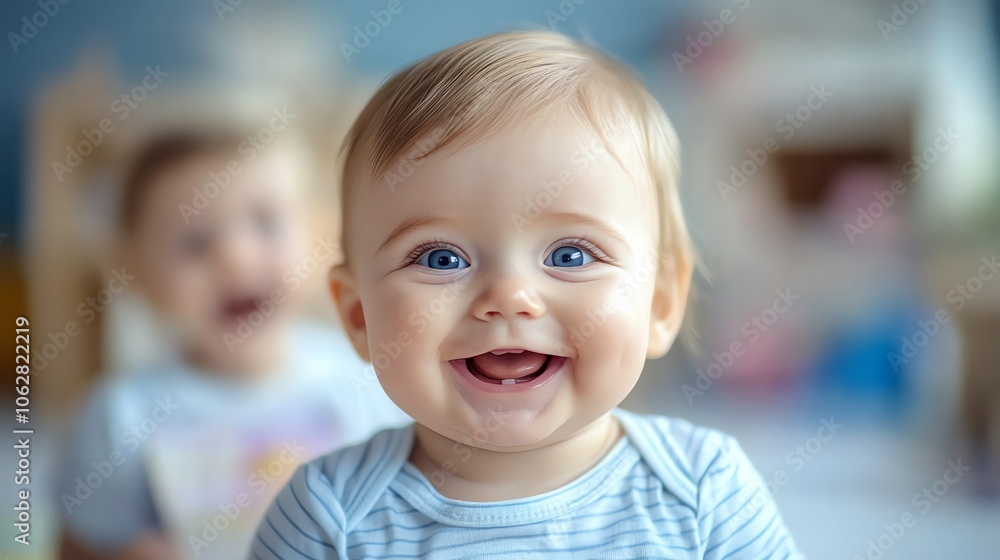 Happy baby smiling in a playful indoor environment Happy baby smiling in a playful indoor environment