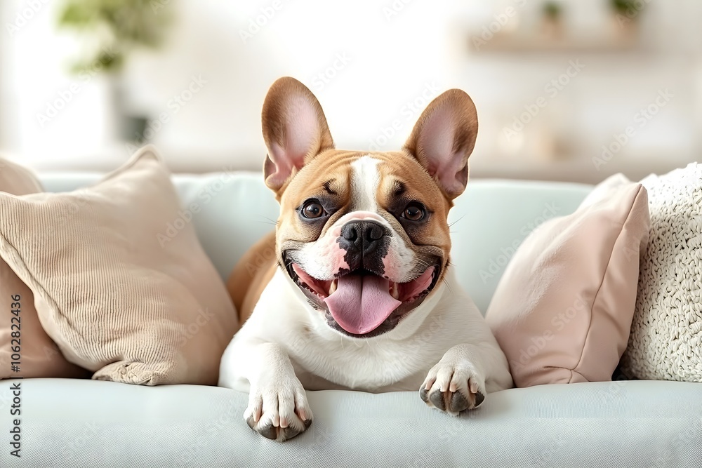 Happy French Bulldog Relaxing on a Soft Couch Happy French Bulldog Relaxing on a Soft Couch
