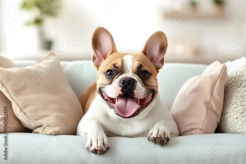 Happy French Bulldog Relaxing on a Soft Couch