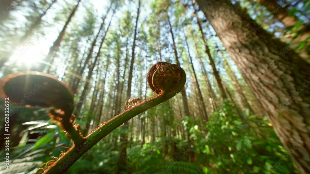 fern in pine forest in New Zealand. wide angle fern in pine forest in New Zealand. wide angle