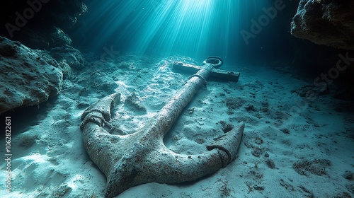 Rusty anchor resting on the ocean floor, surrounded by sunlight and underwater beauty. photo