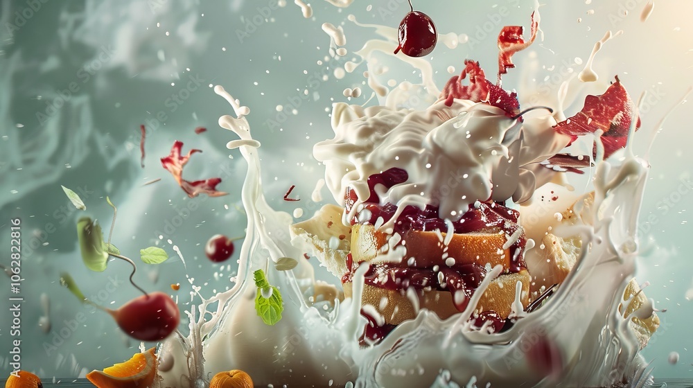 Whimsical composition of food with sauce depicted in a playful flying motion Whimsical composition of food with sauce depicted in a playful flying motion
