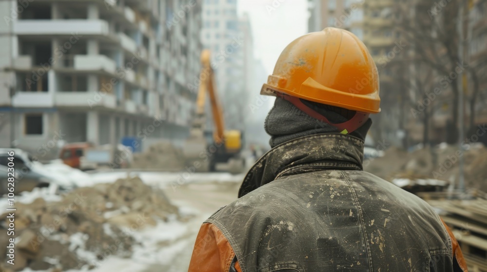 Worker wearing a protective helmet while working in a construction zone Worker wearing a protective helmet while working in a construction zone