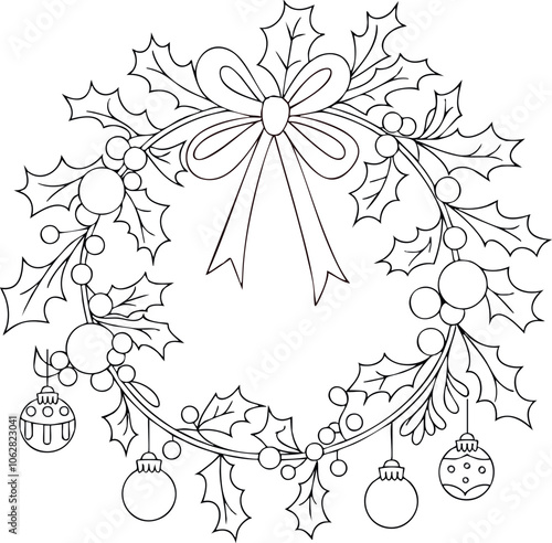 Elegant Christmas wreath coloring page with holly, ornaments, and a bow. Perfect for holiday crafts