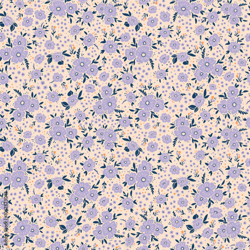 Colorful ditsy seamless pattern. Vector floral wallpaper with flowers and leaves. Gentle botanical background. Print for fabric, paper, kids clothes and accessories