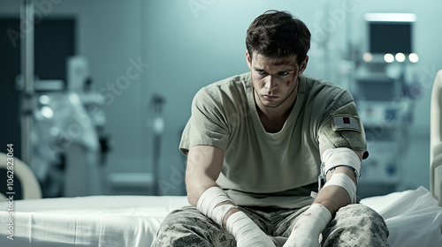 A Soldier Sitting on a Hospital Bed, Bandaged and Looking Determined, with a Blurred Background of Medical Equipment, Captured in a Style Emphasizing the Soldier's Face and Expression Through a Shallo photo