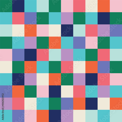 Colorful abstract geometric seamless pattern. Vector background with multicolored squared blocks. Bright and joyful checkered surface design