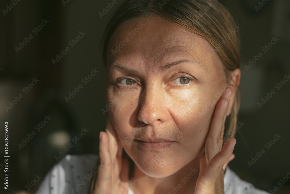 Portrait of beautiful mature woman touching her skin and looking at camera. Close-up face of middle aged woman with wrinkles, massaging her face. Aging process concept. Portrait of beautiful mature woman touching her skin and looking at camera. Close-up face of middle aged woman with wrinkles, massaging her face. Aging process concept.