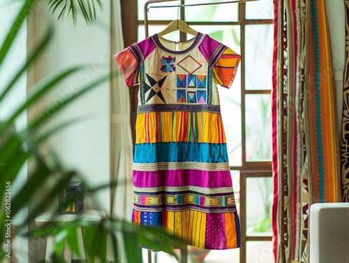 A colorful summer dress with geometric patterns, hanging on a metal rack in a bright and airy room. 40k, full ultra hd, high resolution photo