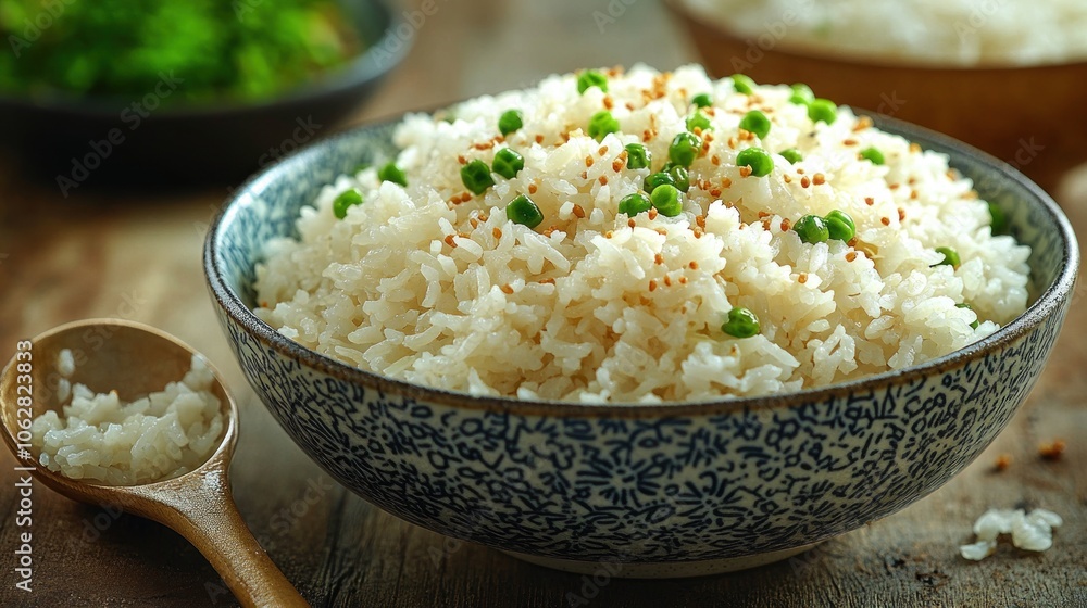 A bowl of fluffy rice topped with green peas and seasoning. A bowl of fluffy rice topped with green peas and seasoning.