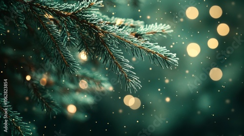 Blurry green fir tree branch bokeh lights