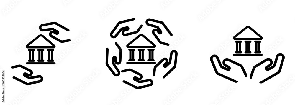 Fototapeta premium hand take care government building court museum library logo icon set collection line stroke design symbol of politics institution historic landmark community support