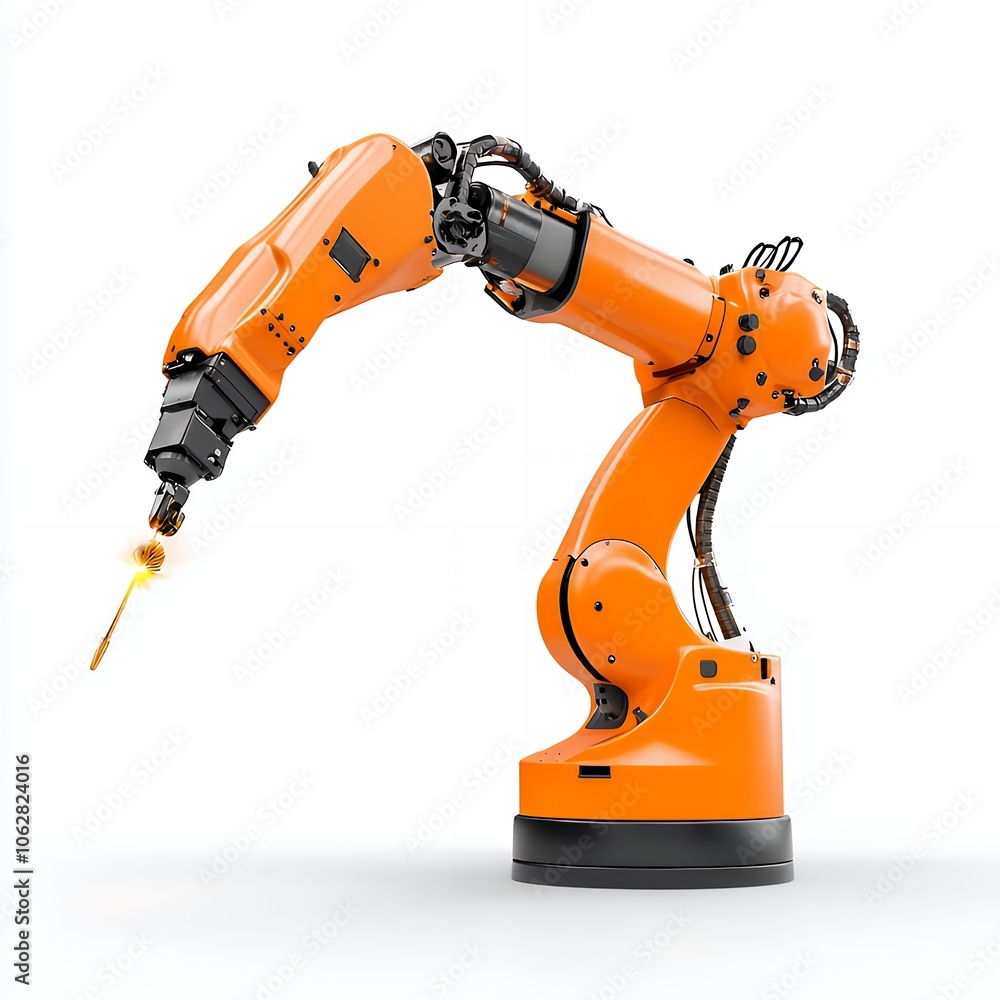 Orange robotic arm welding with sparks. Orange robotic arm welding with sparks.