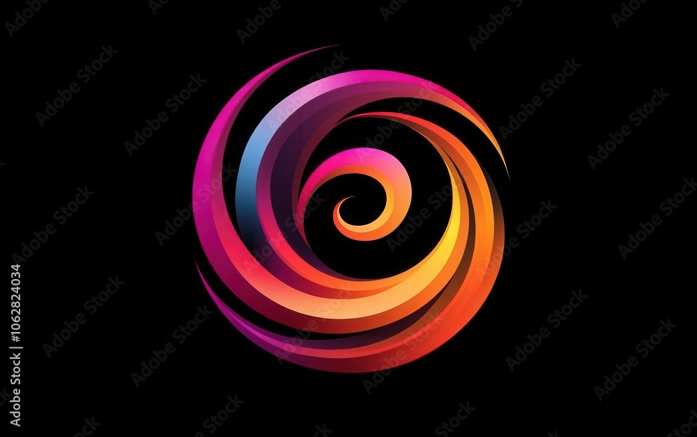 Clean and stylish vector design with three vibrant spirals blending into a vortex shape, prominently set against a sleek black background Clean and stylish vector design with three vibrant spirals blending into a vortex shape, prominently set against a sleek black background