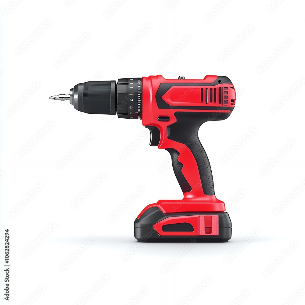 Red cordless drill with black handle and battery isolated on white background. Red cordless drill with black handle and battery isolated on white background.