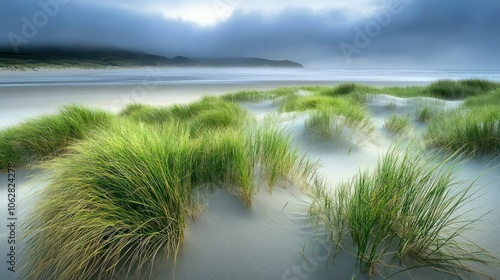 grassy dunes landscape with a misty background