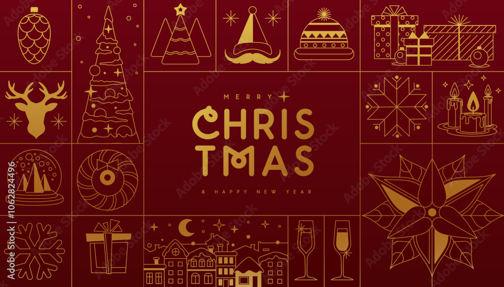 Merry Christmas and Happy New Year line art greeting card, cover or poster with holiday attributes. Christmas background. Vector illustration Merry Christmas and Happy New Year line art greeting card, cover or poster with holiday attributes. Christmas background. Vector illustration