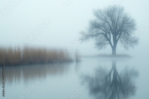 Solitary Tree Reflected in Misty Water