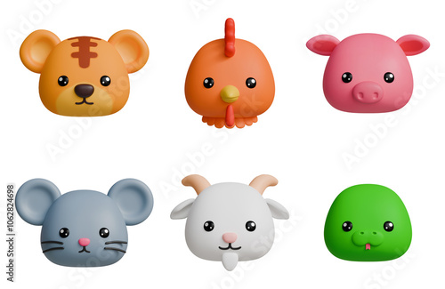 12 Chinese Zodiac Sign, Animals Head 3D rendered
