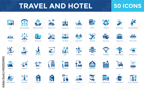 Travel and Hotel icon set with zoo, botanical garden, wildlife sanctuary, national park, historical site, architecture, winery, vineyard, wine tasting, horseback riding icon. Simple flat vector 
