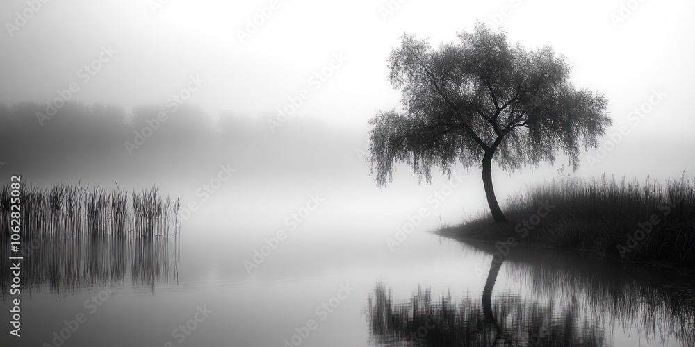 Solitary Tree Silhouetted Against Foggy Lake Solitary Tree Silhouetted Against Foggy Lake