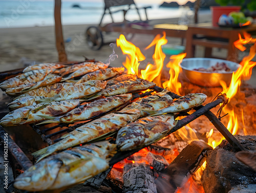 Coastal cookout with a grill cooking freshly caught fish on a sandy beach at sunset. photo