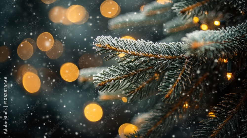Blurry green fir tree branch bokeh lights Blurry green fir tree branch bokeh lights