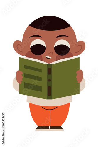 Photos cute boy reading a book standing