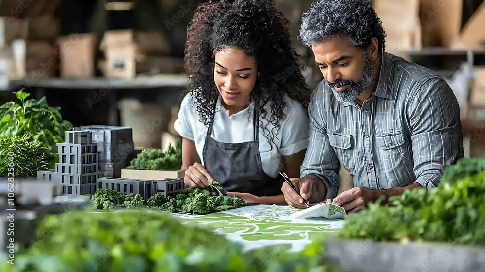 Two architects working on a green building model. Two architects working on a green building model.