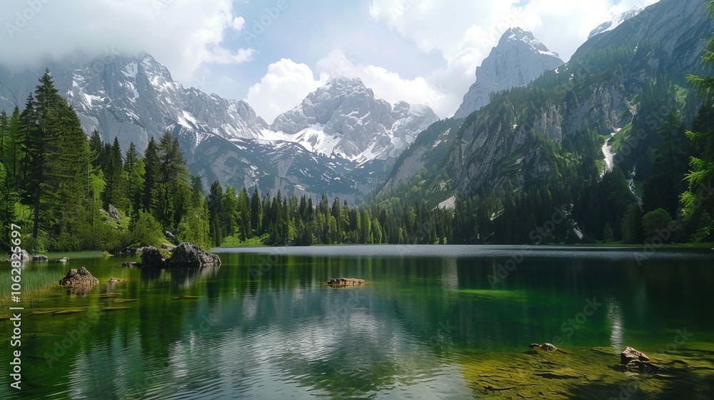 A serene alpine lake surrounded by snow-capped peaks and lush pine forests A serene alpine lake surrounded by snow-capped peaks and lush pine forests