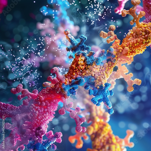 Colorful abstract representation of DNA strands showcasing molecular biology concepts in vibrant hues and intricate patterns.