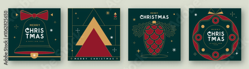 Set of Merry Christmas and Happy New Year line art greeting cards, covers or posters with holiday attributes. Christmas background. Vector illustration
