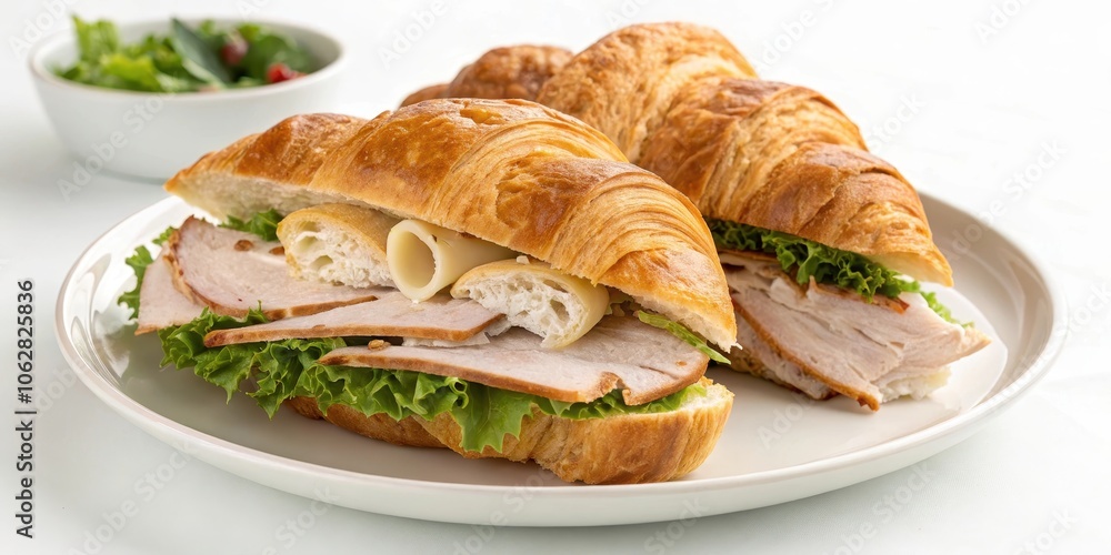 A golden brown croissant sandwich with lettuce, sliced turkey, and cheese on a white plate A golden brown croissant sandwich with lettuce, sliced turkey, and cheese on a white plate
